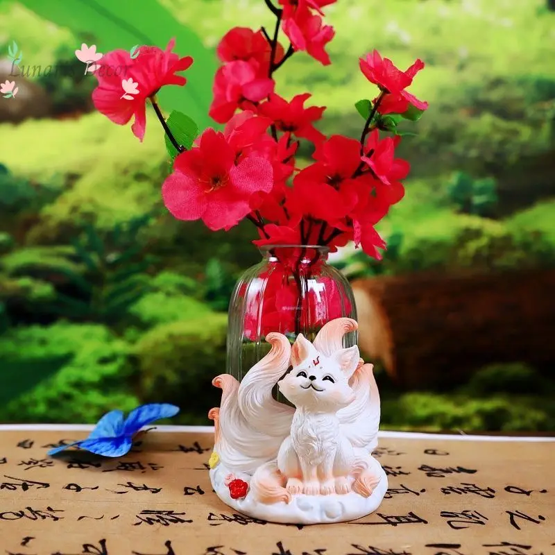 Cute little fox nine-tailed fox glass flower arrangement water vase tabletop ornament new Chinese style