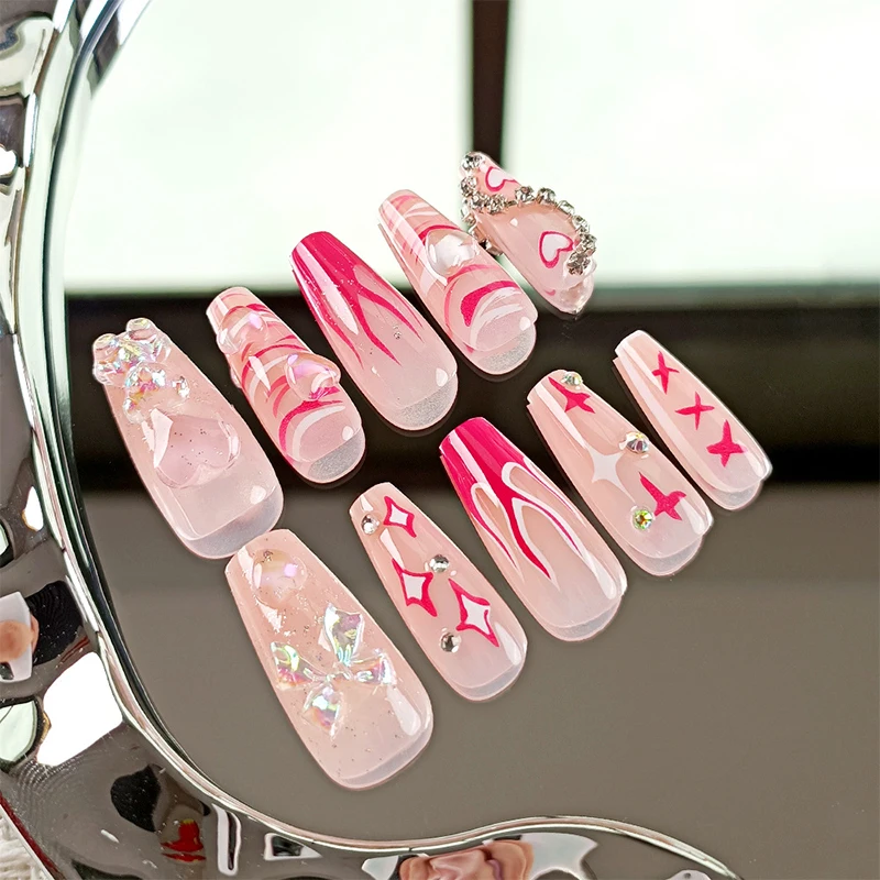 Twinkle Stars Handmade Press on Nails Wearing Armor White Powder Butterfly Love Line Flame Girl Nail Art Stick-On Nails