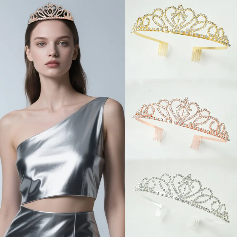European and American Cross-Border Water-Drop Diamond Tiara Headpiece for Brides, Elegant Princess Alloy Hairpin Hair Accessory,