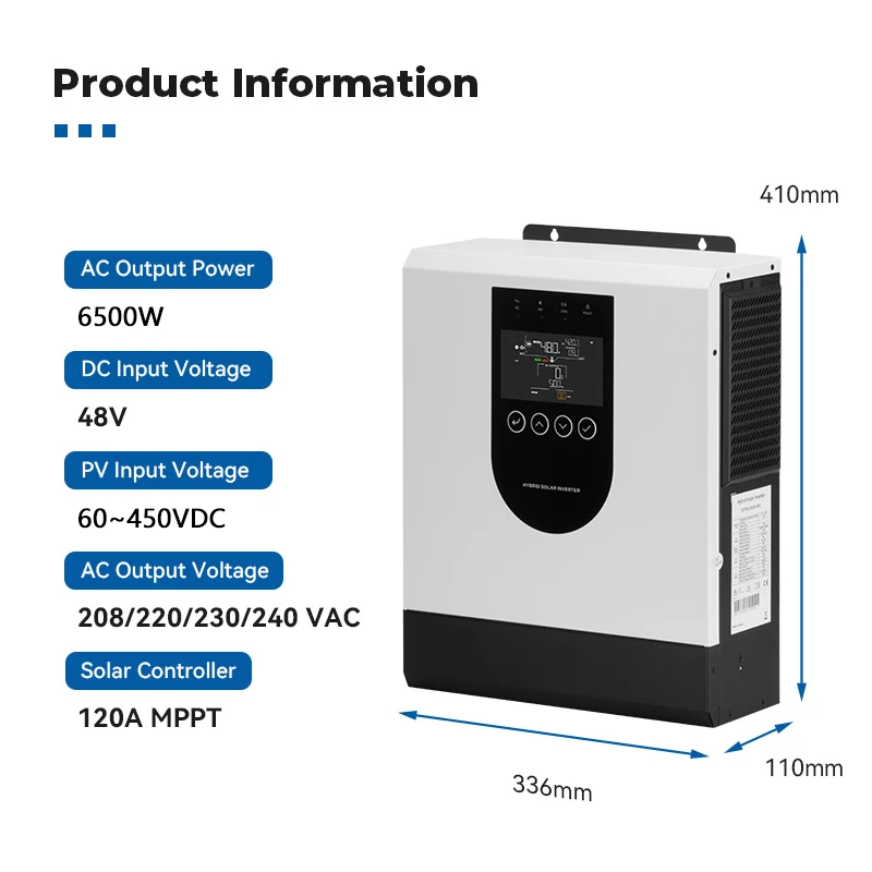 OEM High Power Solar Inverter 6.5KW 48V Hybrid Solar Inverter Built-in 120A MPPT Solar Charger & Dual AC Output