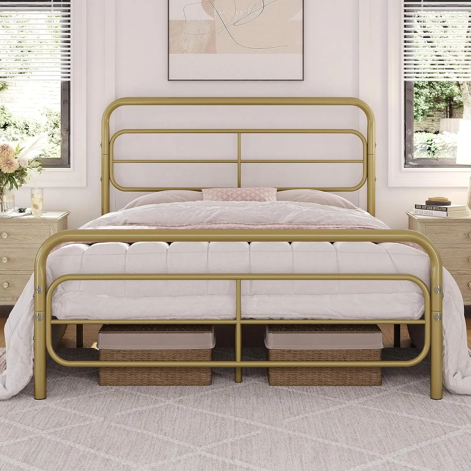 Full Bed Frames Metal Platform Bed with Patterned Headboard, Easy Assemble, 13 Inch Underbed Storage, No Box Spring Needed