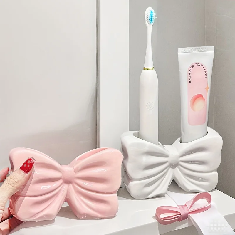 1- Charming Bowknot Ceramic Toothbrush Holder-Portable,No-Drill Bathroom Organizer for Toothbrushes&Toothpaste,for Return School