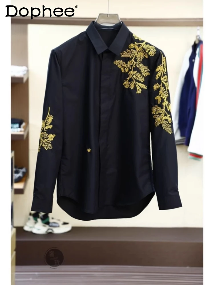 

Over Size Black Gold Embroidered Shirts Men's 2025 Spring Summer New Trendy Loose Comfort Tops Business Casual Sunscreen Shirt