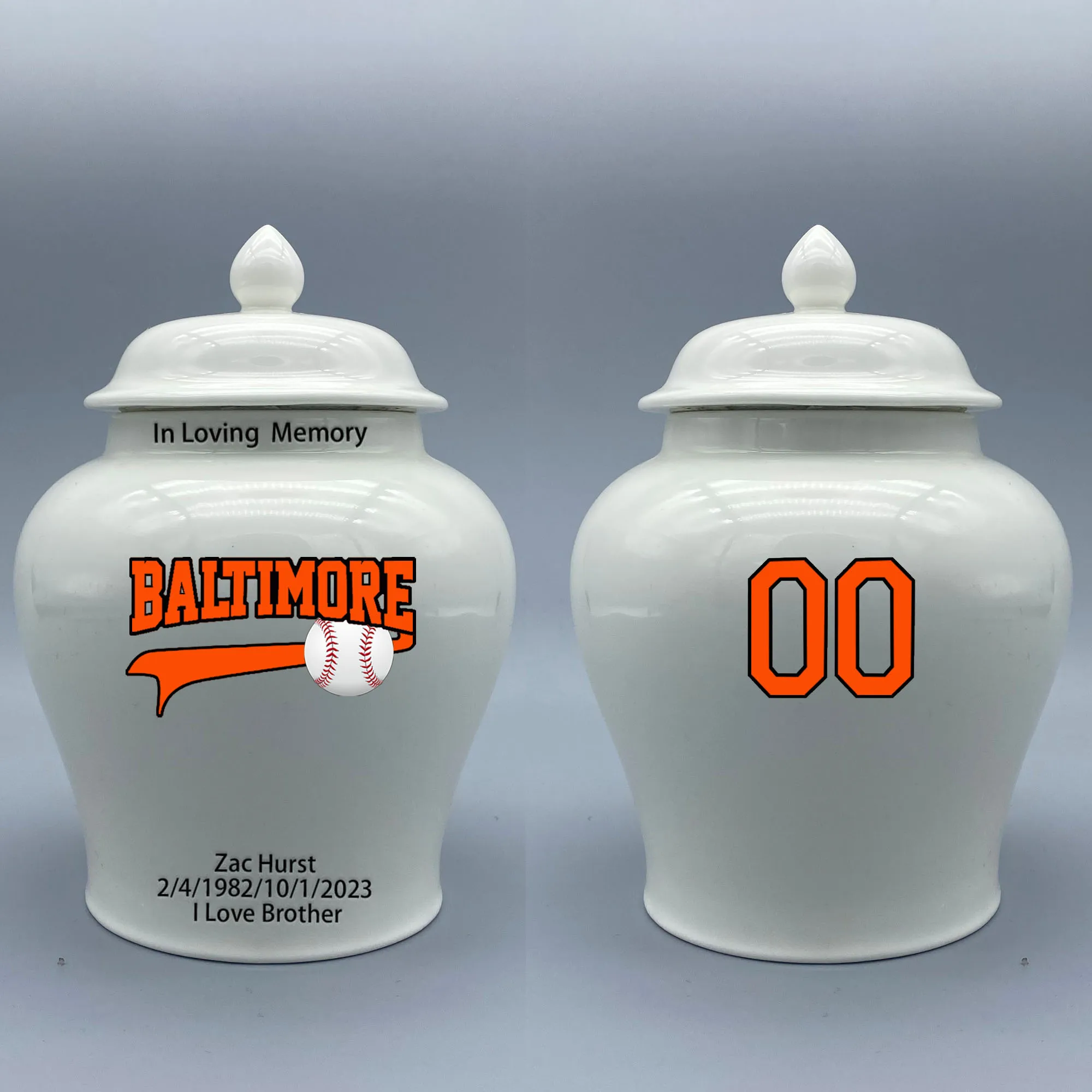 

Medium Urn for Baltimore Orioles-themed Logo Urn.Please send me the customize information-name/date and number on the urn