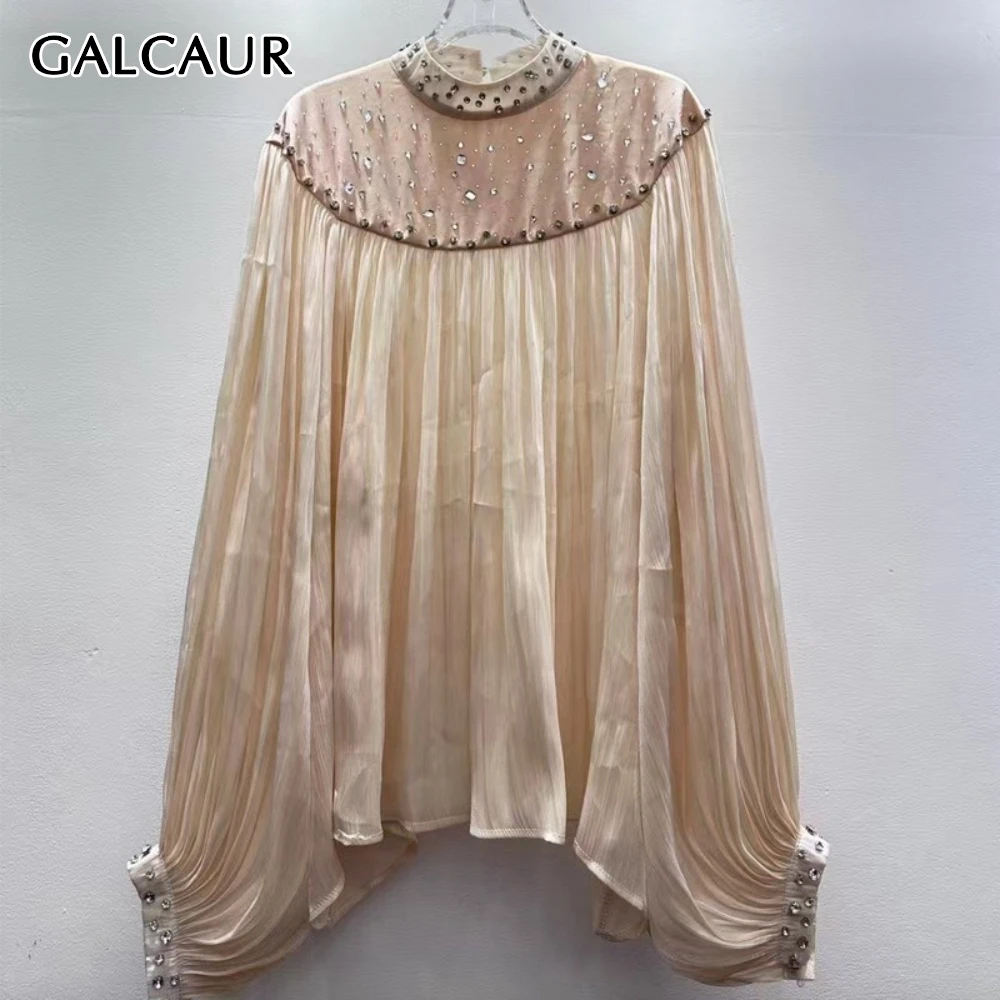

GALCAUR Solid Spliced Diamonds Chic Shirt Female Stand Collar Puff Sleeve Loose High End Women's Shirts Autumn Fashion New Style