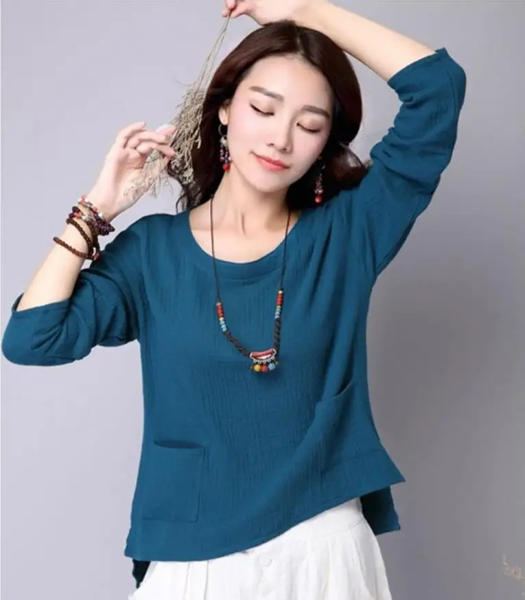 Blusa de lino y algodón informal de primavera, talla grande, estilo vintage, con bolsillo, elegante, para mujer, tallas 5XL y 6XL, tops en oferta.