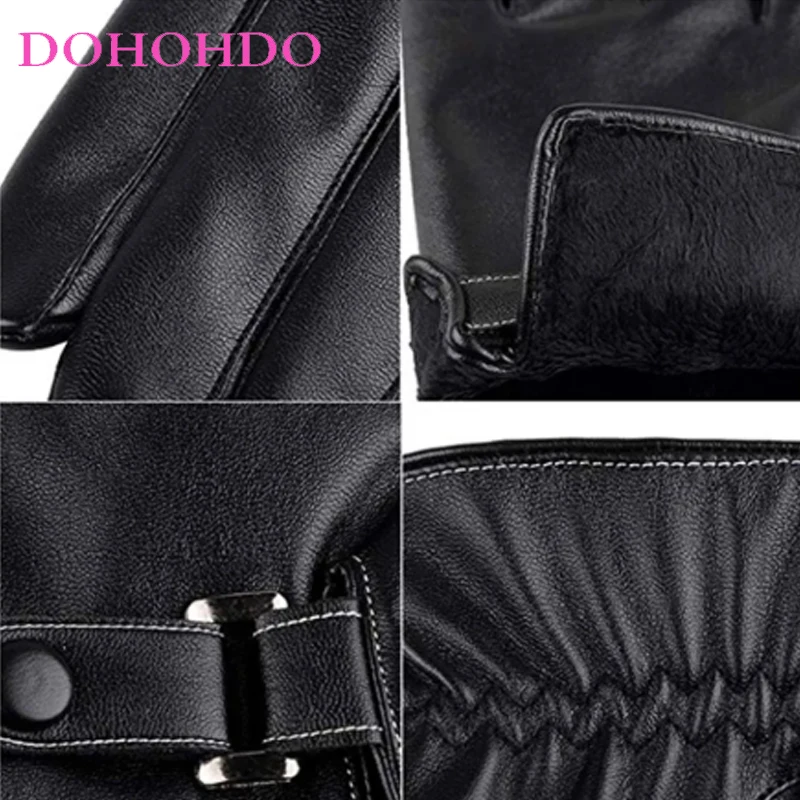 قفازات جلدية سوداء تعمل باللمس للرجال في الخريف والشتاء بالإضافة إلى قفازات ركوب الدراجات النارية من الجلد المقلد المخملي #6