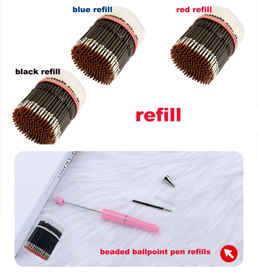 100Pcs Beaded Ballpoint Pen Refills Bead Refill Black Blue Red Ink for Beadable Pen Writing Refills School Office Supplie