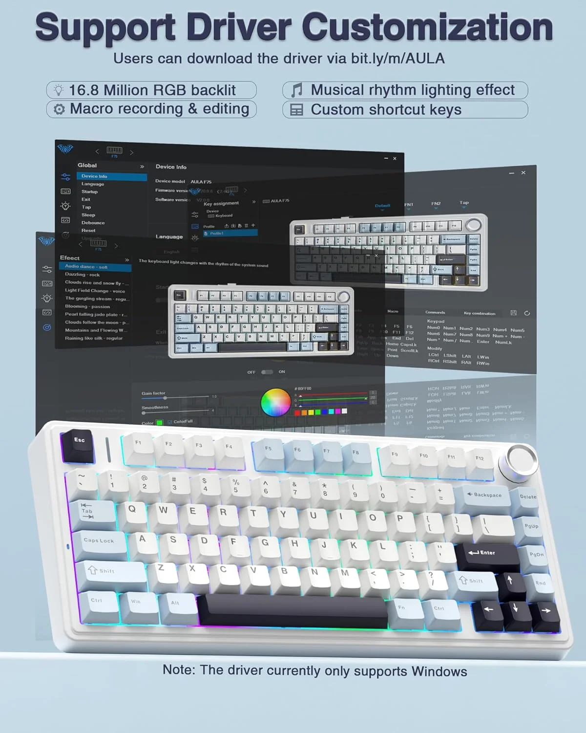 AULA F75 2.4G Wireless/BT/Wired Gaming Mechanical Keyboard RGB Customized 75% Layout OEM Profile Gasket Structure for PC Loptaps