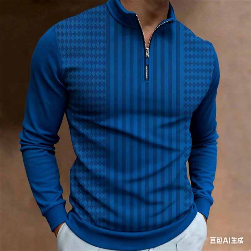 เสื้อเชิ้ตผู้ชายคอตั้งแบบซิปครึ่งตัว ลายพิมพ์ 3 มิติ ลายทาง สำหรับฤดูใบไม้ร่วง สไตล์ลำลองธุรกิจ แห้งเร็ว ผลิตจากโพลีเอสเตอร์ แขนยาว