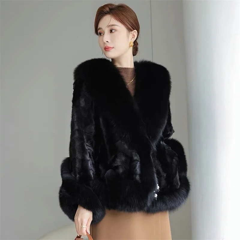 High-End Nachahmung Nerz Pelzmantel Frauen Herbst Winter Fuchs Pelz Farbe Verdicken Warme Pelz Jacke Edle Damen Schwarz Mantel