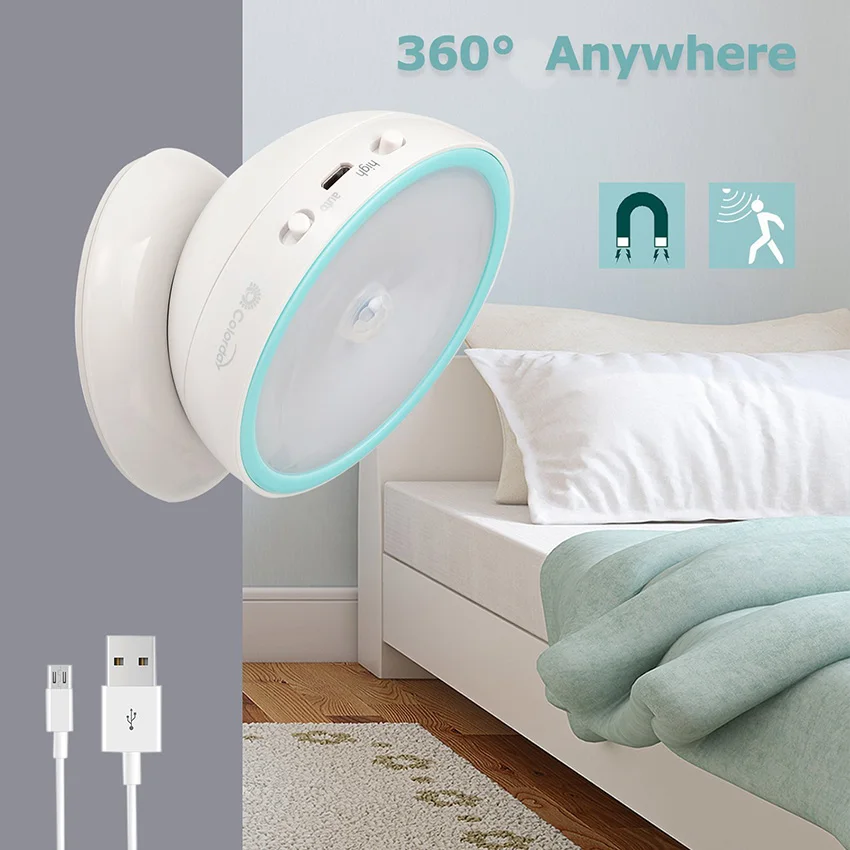 360 Degree Closet Lighting LED Night Light PIR Motion Sensor Magnetic Wall Lamp USB Charging Light For Cabinet Bedroom Stairs