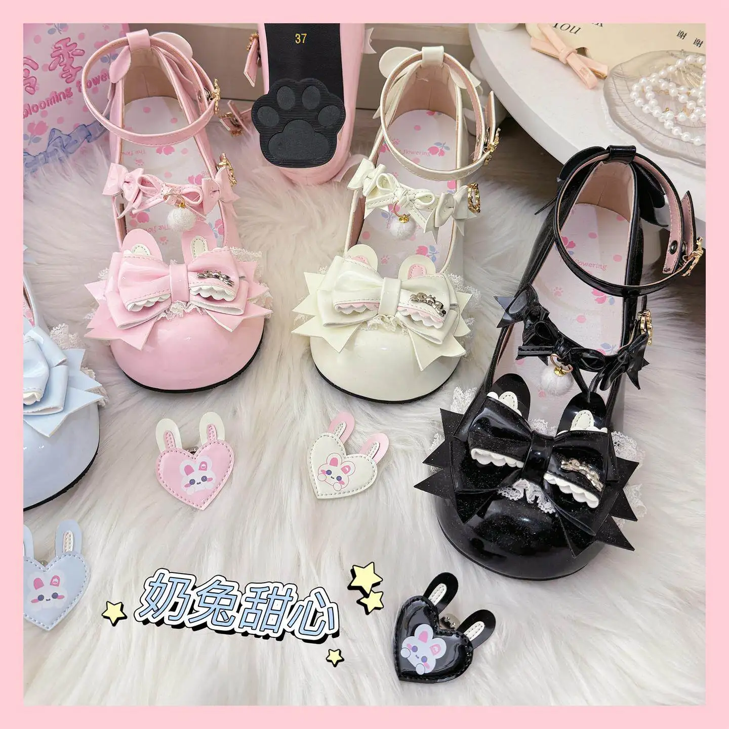 

Japanese Kawaii Lolita Original Sweet Cute Bow Round Head Single Shoes Women Mary Jane Milk Rabbit Sweetheart High Heels Female