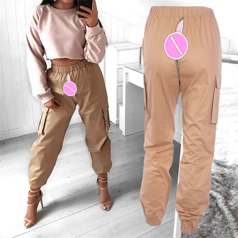 

European American Streetwear Open Crotch Loose High-waisted Overalls Women Summer Shorts Cargo Pants Elastic Y2k Casual Hotpants