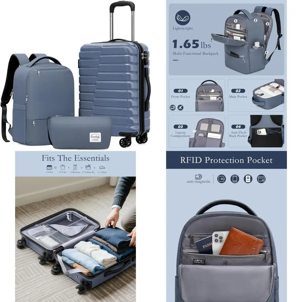 

3 Piece Hardside Spinner Luggage Set with 20 Inch Carry-On and Travel Backpack - Blue Suitcase Collection for Modern Travelers