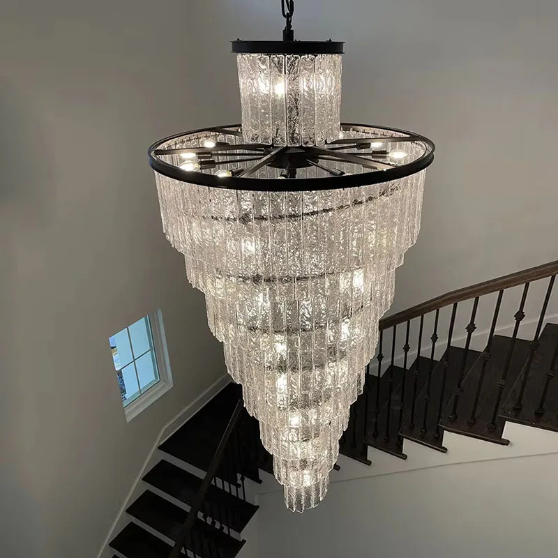 Modern Glass Staircase Chandelier Led Black Indoor Lighting Creative Design Home Decor Lamp Luxury Large Lobby Round Lustre