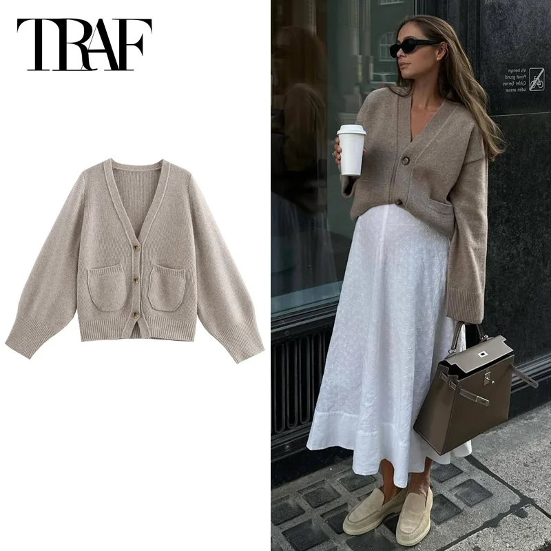 TRAF Khaki sweter oversize rozpinane 2024 damski elegancki płaszcz z dzianiny moda Casual dzianiny z długim rękawem jesienno-zimowa