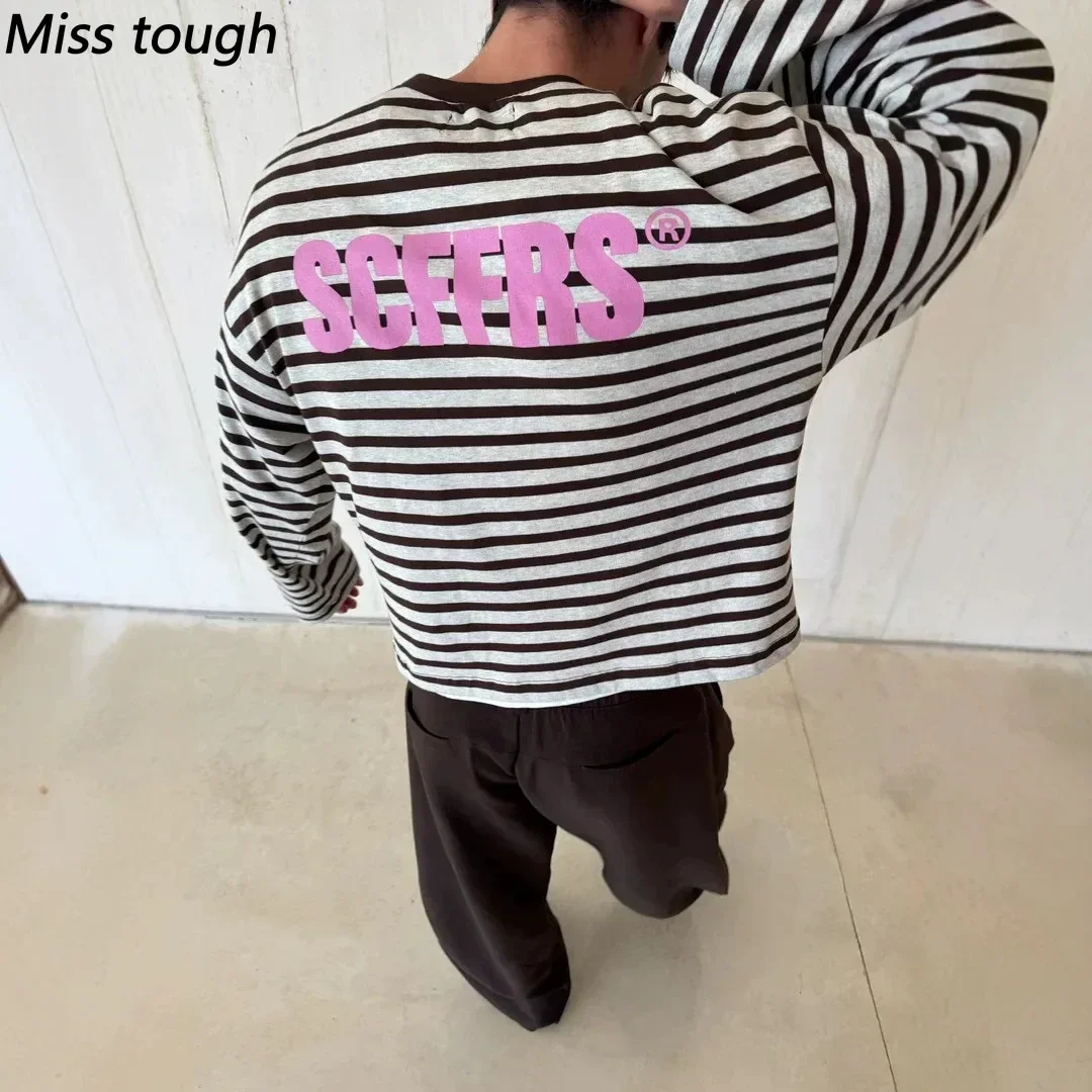Y2K American Retro Fashion Street Round Neck Letter Printed Striped Shirt Casual Harajuku Loose Long-sleeved Men Women T-shirts