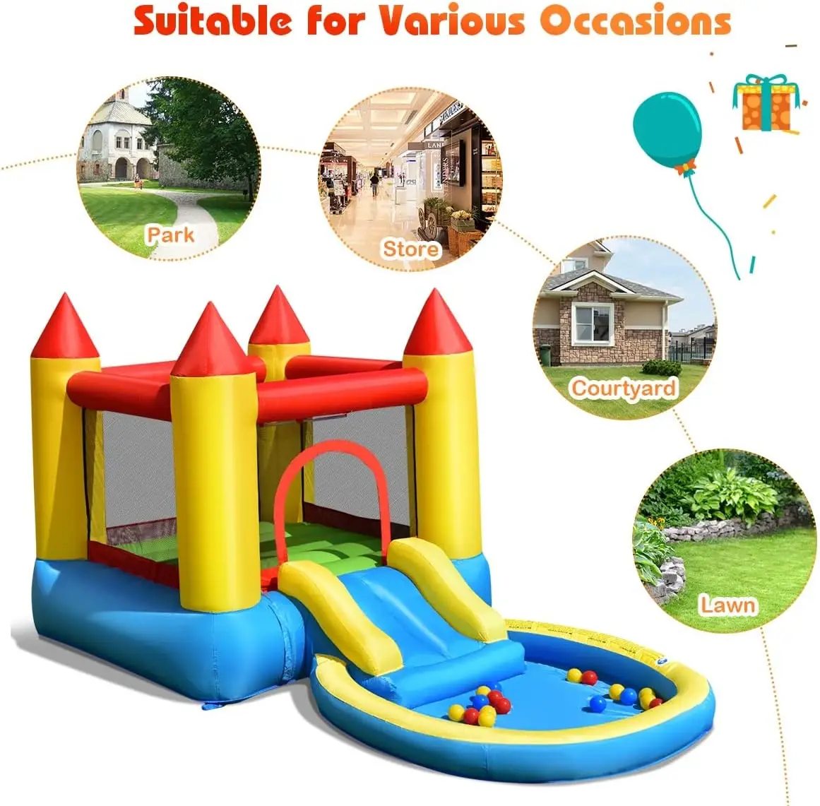 Nadmuchiwana zjeżdżalnia wodna Bounce House z basen z piłkami i basenem typu Splash, dmuchany zamek do skakania dla dzieci na podwórku z dmuchawą 550w,