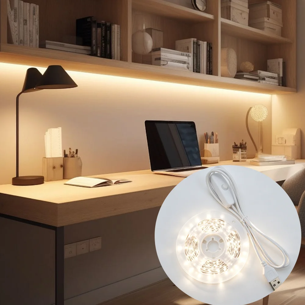 

Warm/White 2835 LED Strip, USB Plug, One-Touch Control, Self-Adhesive Light for Cabinet & Closet Decor