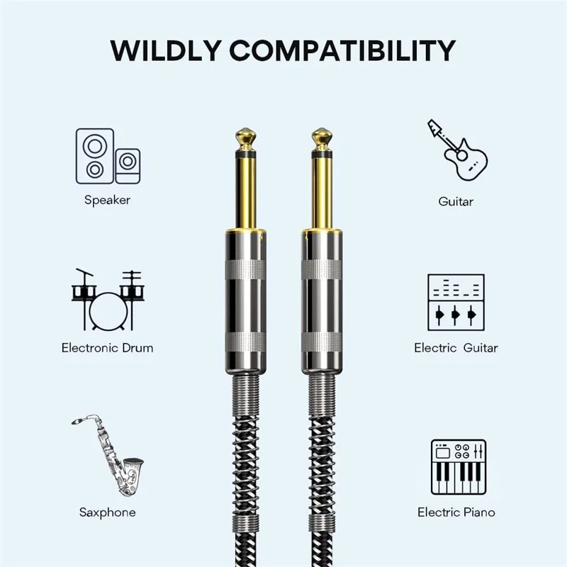 كابل جيتار مضفر 3 م/5 م - سلك صوت PVC عالي المرونة 6.35 مم (1/4 بوصة مستقيم إلى الزاوية اليمنى) للأدوات الكهربائية