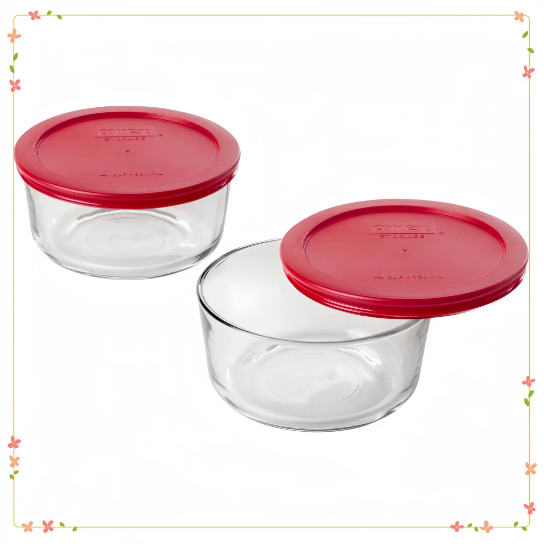 

Pyrex Glass Bowl Set, 2 Pack 4-Cup with Lids, Microwave & Oven Safe, BPA-Free, Food Storage Containers for Kitchen