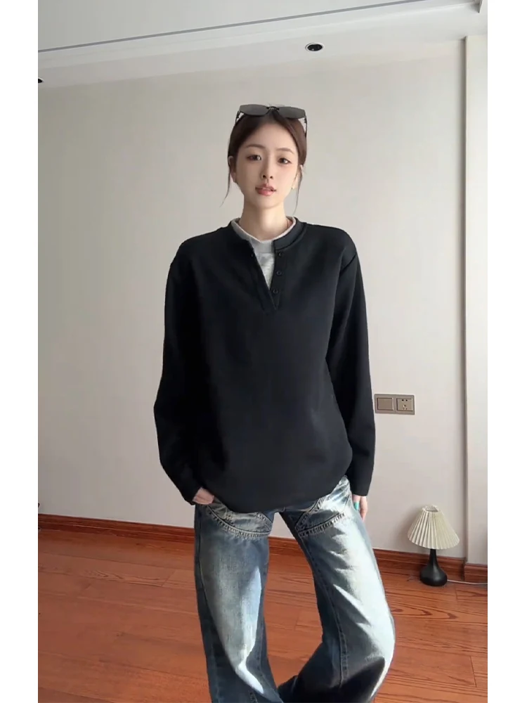 

Bla Henry Collar Long Sve Men's Sweatirt American Retro Sle Inner Wear Base Layer High Quali Loose Fit Autumn Wear