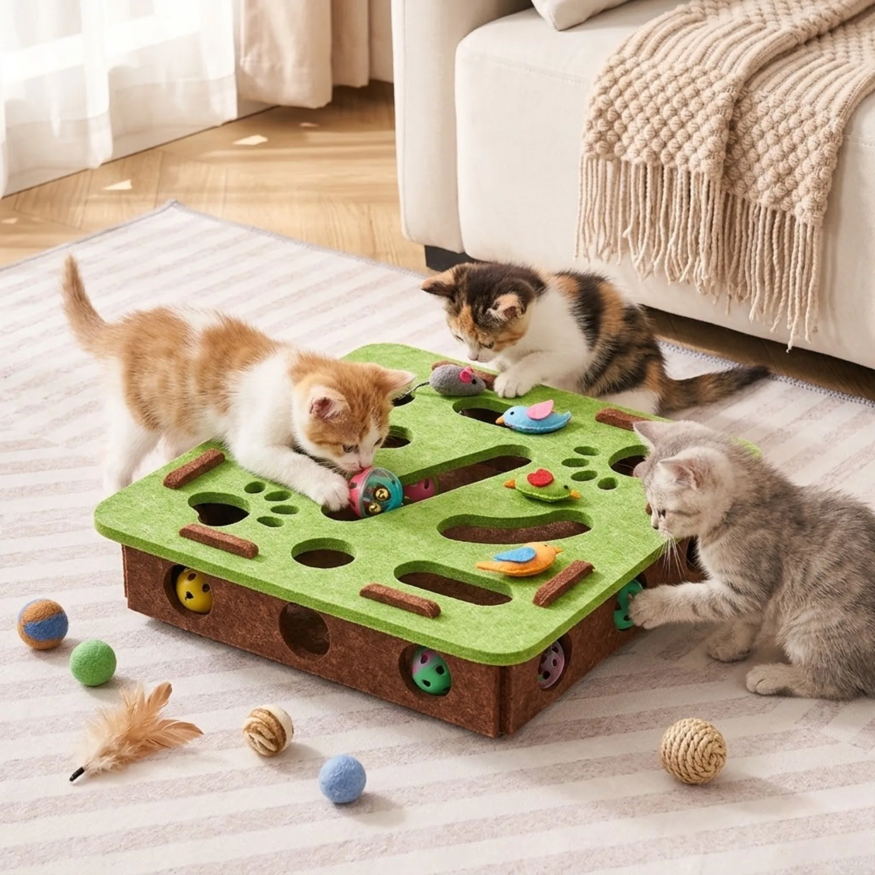 Filz-Puzzlebox Katzenspielzeug mit Interaktivem Ball, Geistige & Körperliche Übung Jagdspiel für Hauskatzen Tägliche Unterhaltung