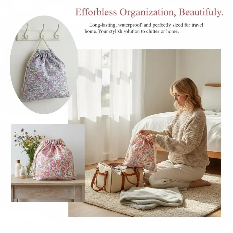 Vintage Style Handmade Floral Cotton Drawstring Bag Storage Pouch Reusable Gift Bag for Holidays 1PC