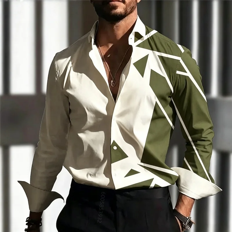 Men's geometric contrasting printed long sleeved shirt, European and American trend lapel button cardigan, casual men's top