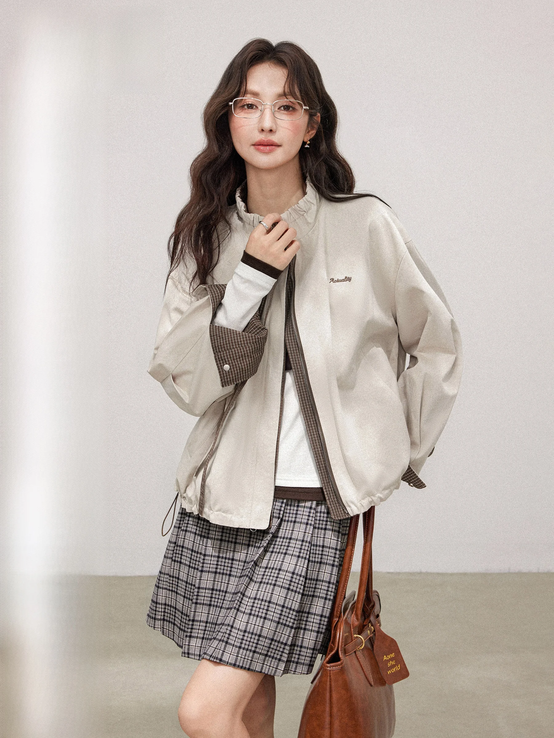 

Casual Loose Women's Jaet with Stand Collar Patchwork Design Early Autumn New Sle Leisure Workwear Outerwear