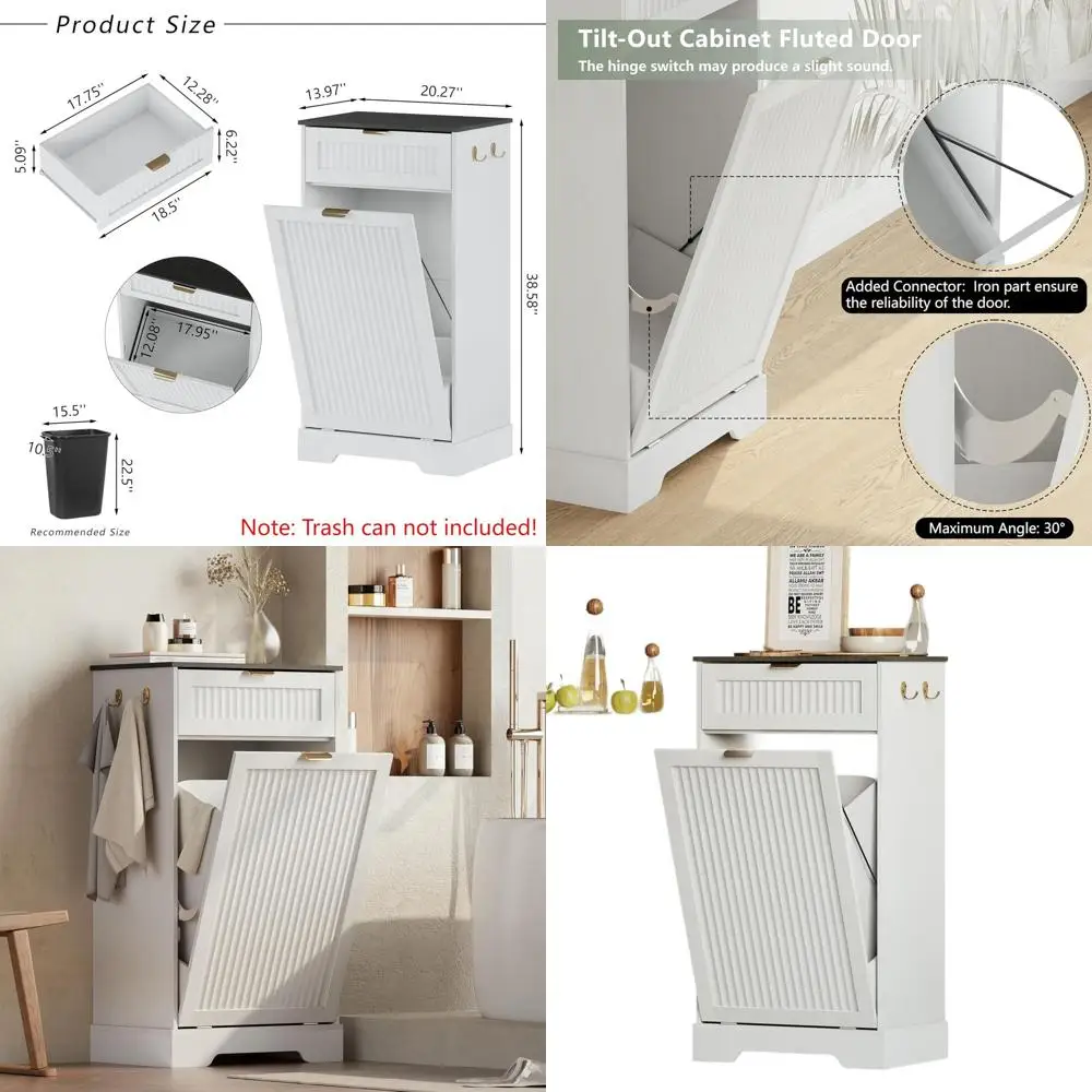 

White Wooden Cabinet with Hidden Trash Bin and Laundry Hamper for Kitchen and Living Room