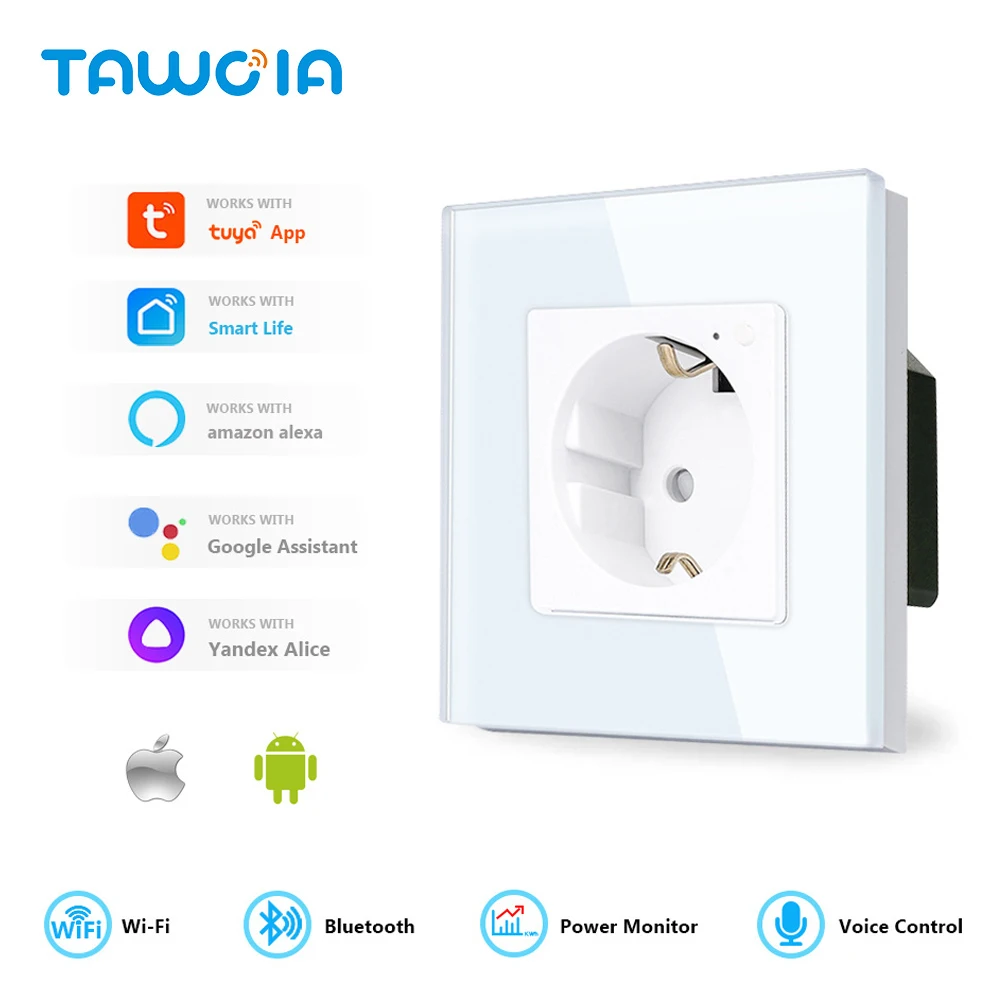 TAWOIA EU Russia Smart Wifi Control Power Monitor Sockets 16A 110V-250V Glass  Power Wall Sockets Support For Tuya Google Alexa