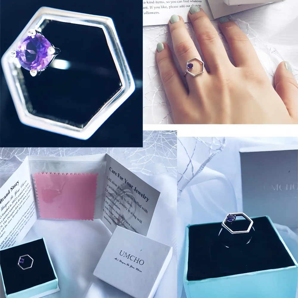 

Hollow Hexagon Ring 4MM Round Amethyst Adjustable White Gold Plated Woman 925 Silver Rings