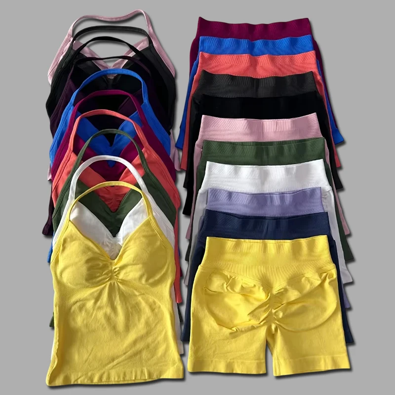 

Halter Top Strappy Bra Shorts Set Yoga Stretch Gym Set Women Workout Clothing Seamless Backless Vest Hip-Lifting Leggings Shorts