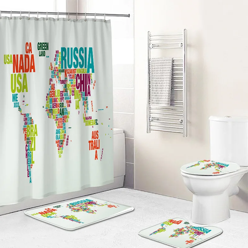 Map Bathroom Set Together Shower Curtain Rug Set Bathroom Mats Rugs Toilet Decor Mat 3D Printed 02