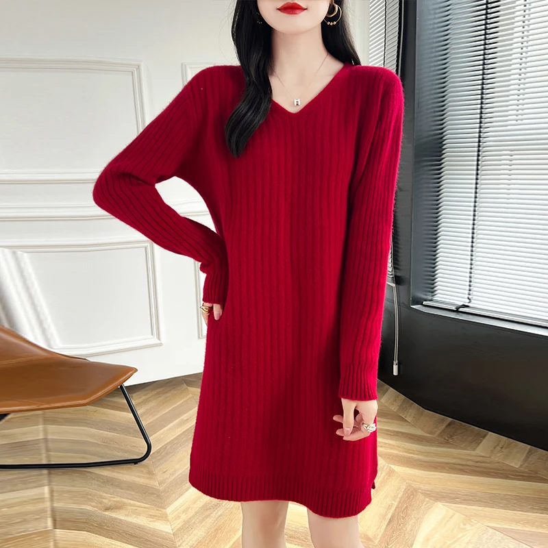 100% Wool Knitted V-neck Loose Dresses Hot Sale V-Neck Sweaters Women Soft Ladies Jumpers 2024 Winter Cashmeres Clothing