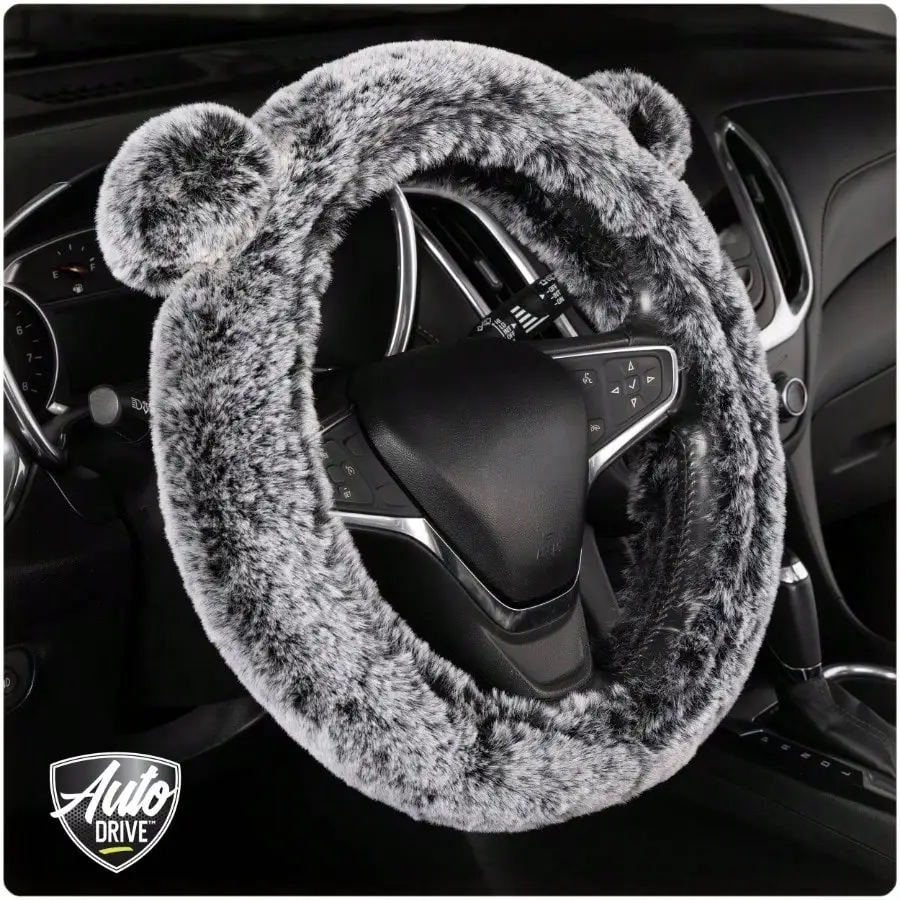 غطاء عجلة القيادة ذو آذان بوم رقيق باللون الرمادي، مصنوع من مادة ناعمة من القطيفة