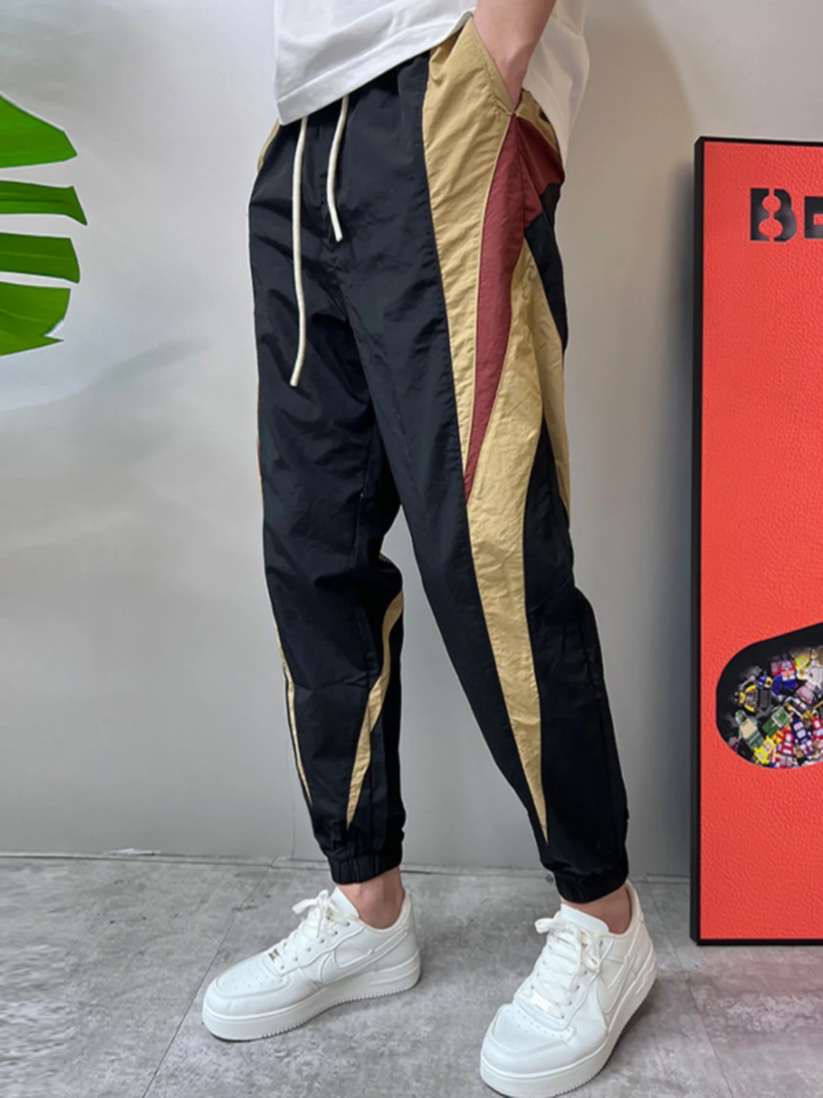 Color Block Casual Pants Men's Summer Trend Loose Cuffed Thin Sport Nine Points Cuffed Pants Breathable Elastic Waistband