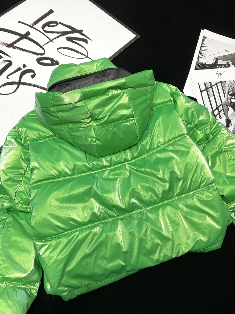 [YOZOU] Winter Luxury Shiny Green Hooded Short Padded Puffer Jacket Parkas Korean Dongdaemun Outwear Thick Coat Youthful Women