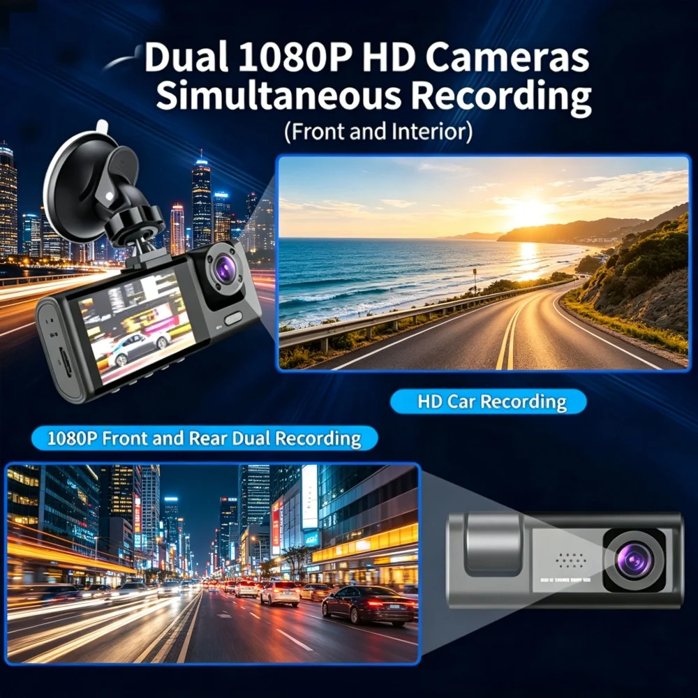 Dash Cam 1080P Full HD WiFi Front Cabin Rear 2/3-Channel Car Video Recorder 170° Wide Angle Gravity Sensor Loop Recording