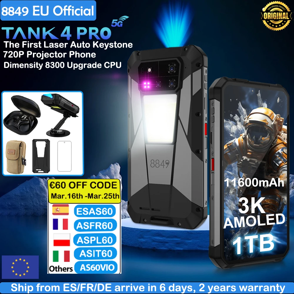 8849 Tank 4 Pro Unihertz 5G AI Smartphone robuste avec projecteur 720P 1TB 36G Dimensity 8300 3K AMOLED Android 14 120HZ 11600mAh