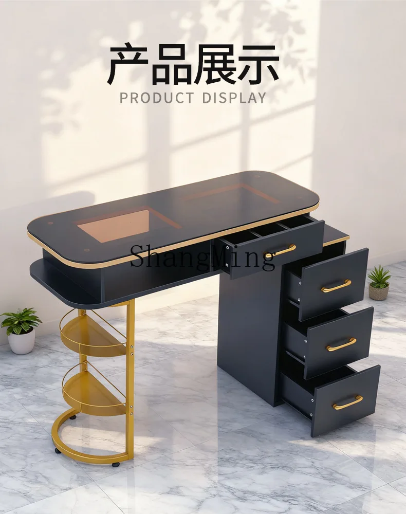 Mesa para uñas FG de vidrio marrón con 12 compartimentos de almacenamiento, color dorado y negro, de lujo y ligero