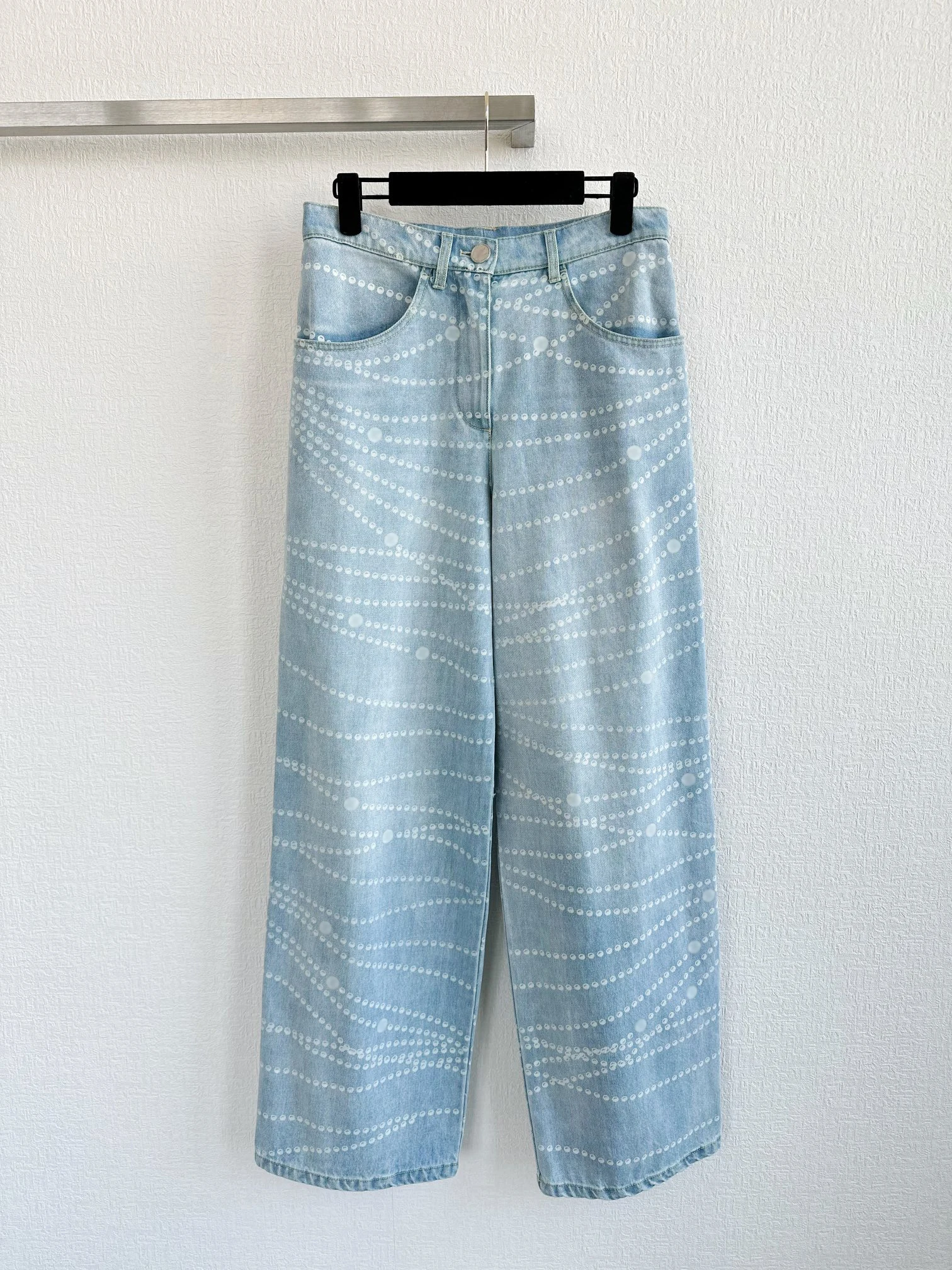 

Luxury brand Pearl chain print high-waisted wide-leg jeans high quality hit product