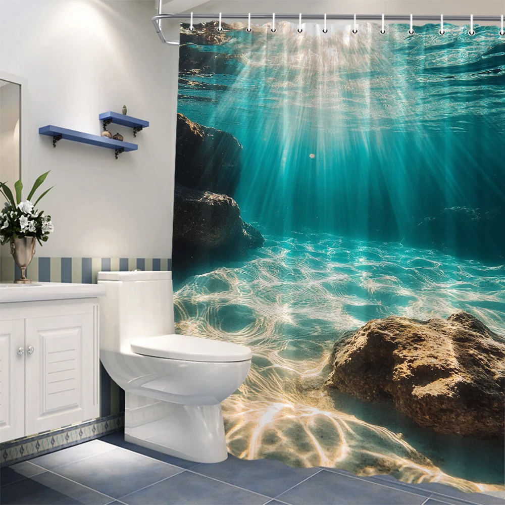 Waterproof Polyester Shower Curtain Underwater Tropical Ocean Seascape Bath Liner Blue Bathroom Decor Natural Sea View for Home