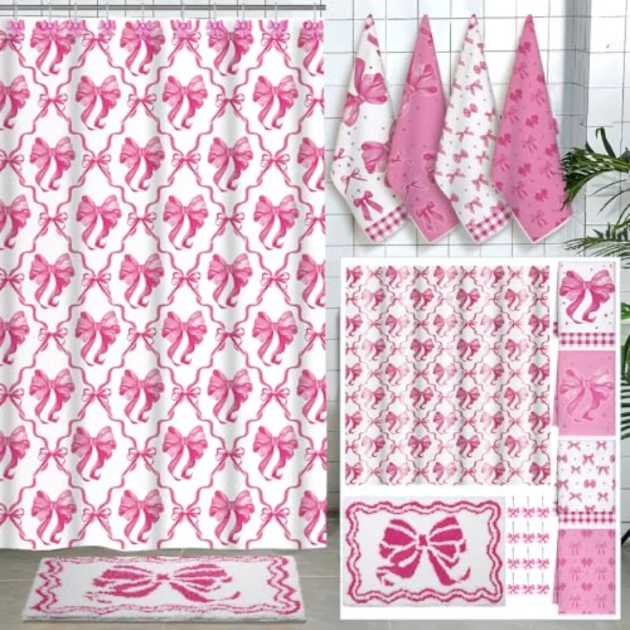 

18 Pcs Pink Bow Fabric Shower Curtain Set with 12 Decorative Shower Curtain Hook Pink Bow Knot Bathroom Towels Coquette Non Sli