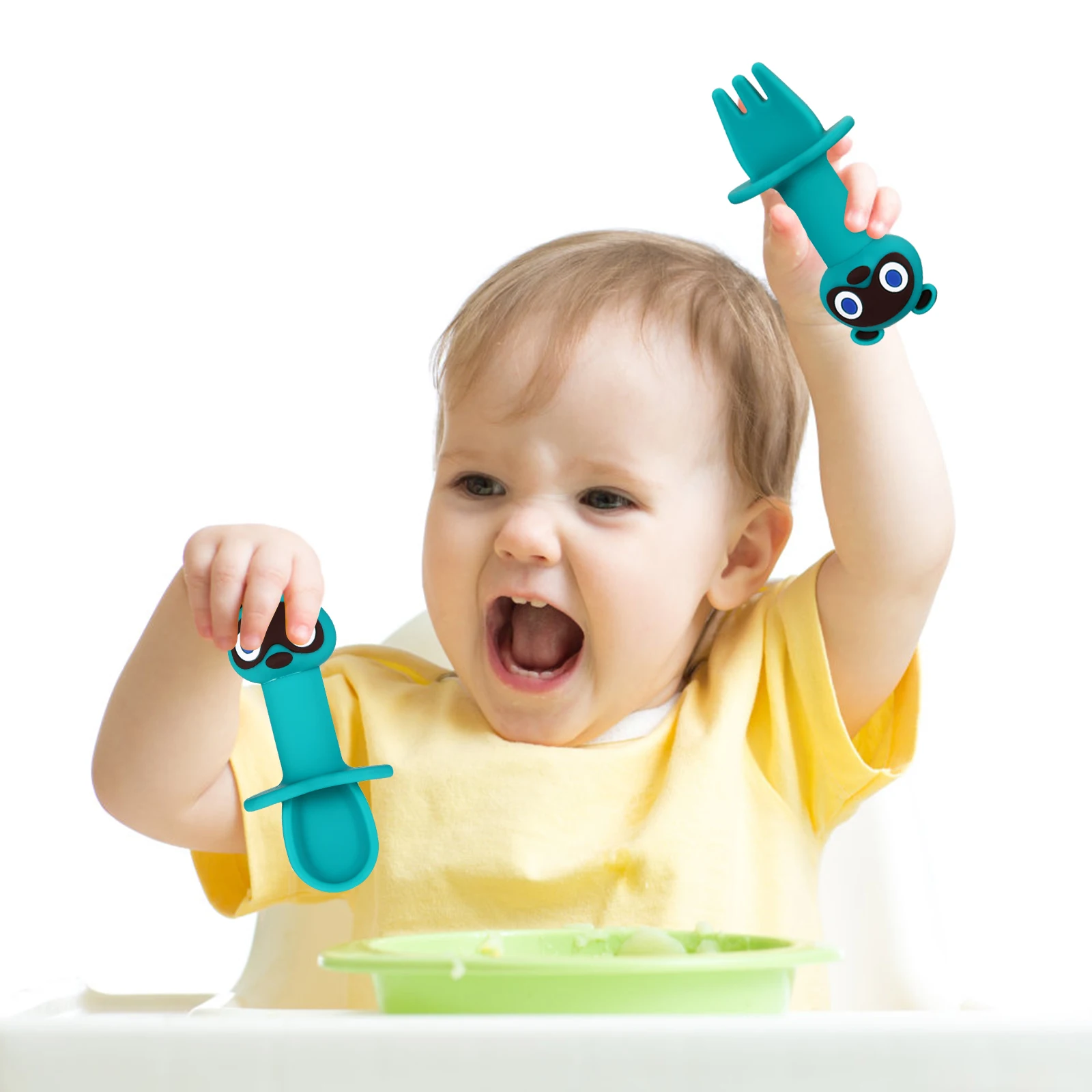 

2 шт., набор детских силиконовых ложек и вилок, прочные пищевые столовые приборы для малышей, обеденная посуда для младенцев, безопасная практичная посуда