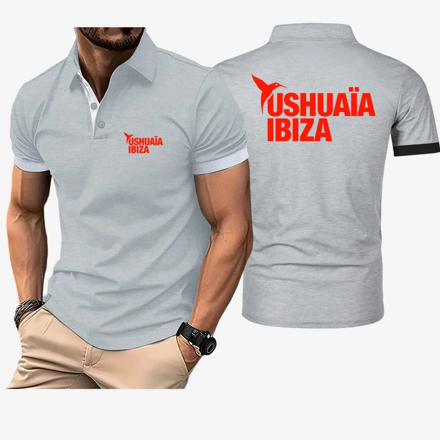 2026 Men's Ushuaia Ibiza Logo Print Summer New Men's Lapel Polo Shirt Short Sleeve Casual Business Fashion Slim Fit T-shirt