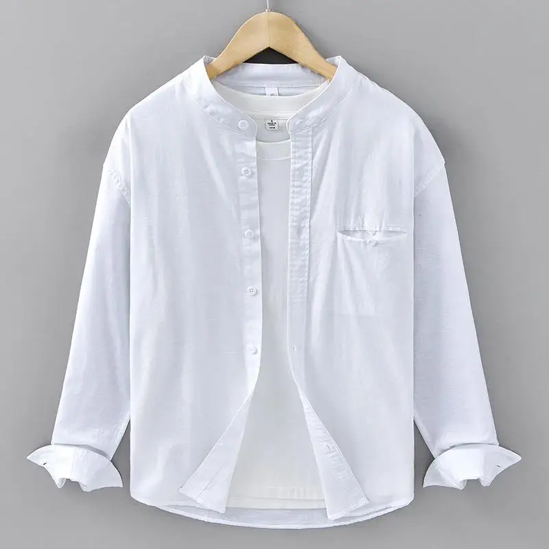 

Men's Cotton Linen Long Sve irt Standing Collar Casual Workwear Cusizable Design Service DIY