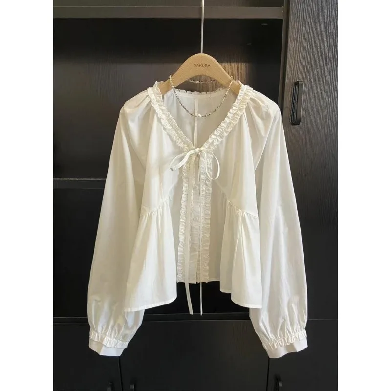

Femme Spring Summer Fashion Simplicity Button Ruffles Solid Color V-neck Women Shirts Vintage All-match Drawstring Long Sleeve T
